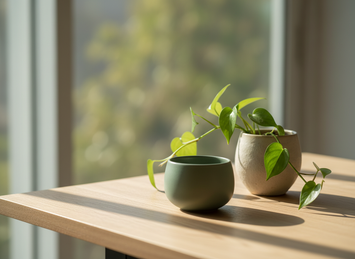 A ceramic tea cup and small green plant on a light wooden table near a window