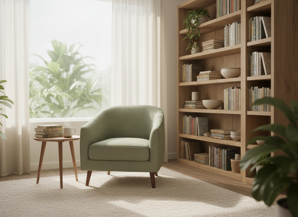 A cozy therapy office interior with a comfortable sage green couch or armchair, scattered books on a side table and bookshelf, soft morning light filtering through foliage, muted green and warm cream tones, a serene and welcoming atmosphere symbolizing wisdom and education. No people, no text. Soft focus, professional yet calming aesthetic.